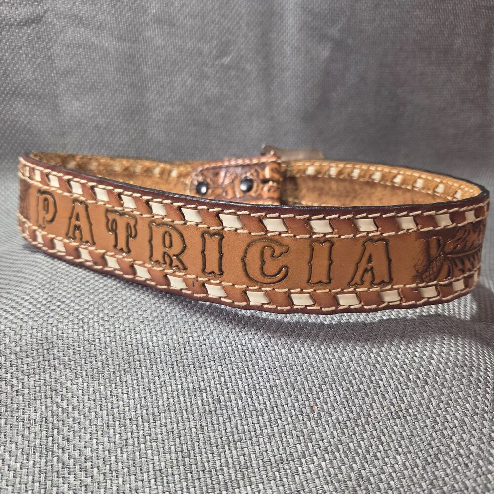 Vintage Western Hand Tooled Leather Belt Womens Small "Patricia" Name Laced Edge